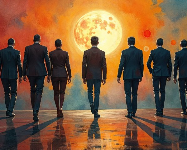 Silhouetted Figures Against Sunset and Full Moon