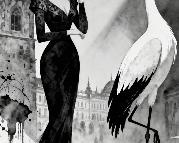 Black and white watercolor of a woman and stork at night
