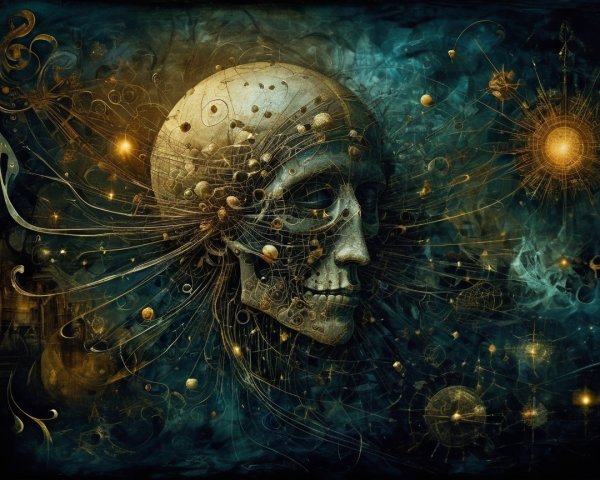Surreal Skull Surrounded by Cosmic Elements and Patterns