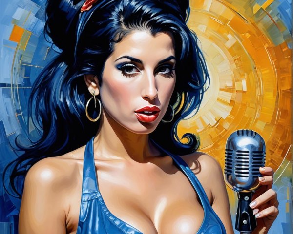 Glamorous Woman with Vintage Microphone in Vibrant Setting