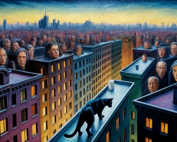 Surreal Cityscape with Black Cat and Emotion-Filled Buildings