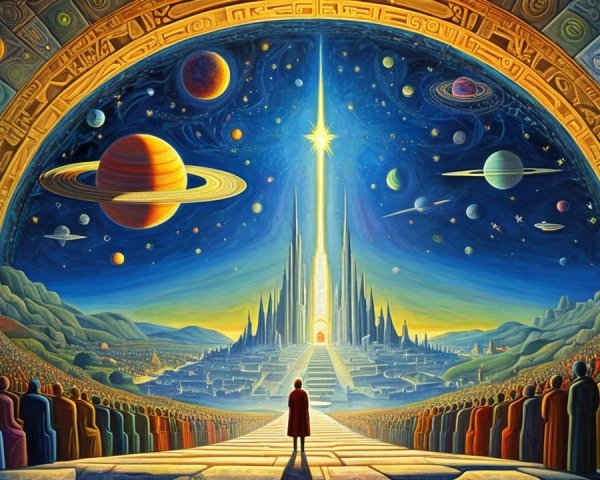 Vivid Cosmic City Under a Swirling Galaxy Scene