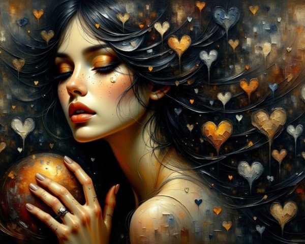 Portrait of a woman with dark hair and golden accents