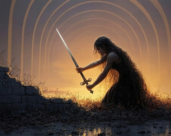 Kneeling Figure with Sword in Mystical Setting