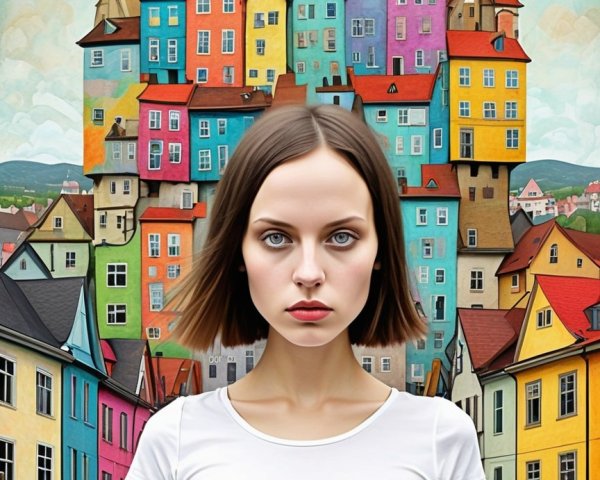 Young woman in front of colorful mountain of houses