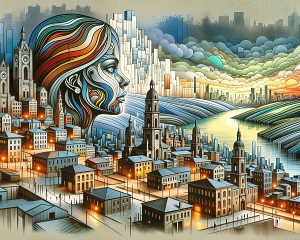 Stylized cityscape with abstract female face and sunset