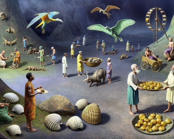 Vibrant Prehistoric Marketplace with Trade Activities