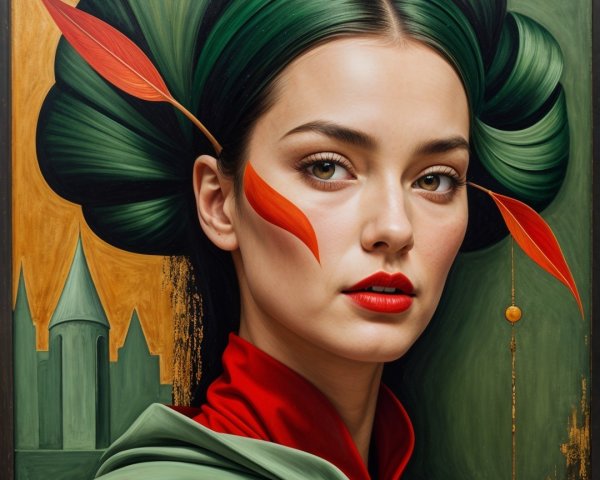 Portrait of a Woman with Green Hair and Orange Leaves