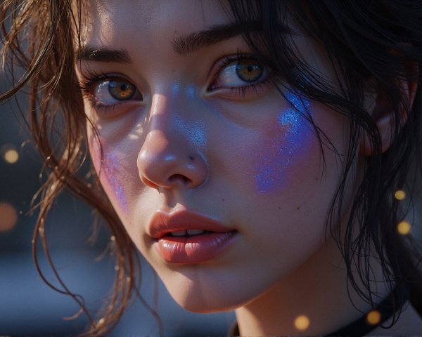 Close-up Portrait of a Young Woman with Blue Highlights