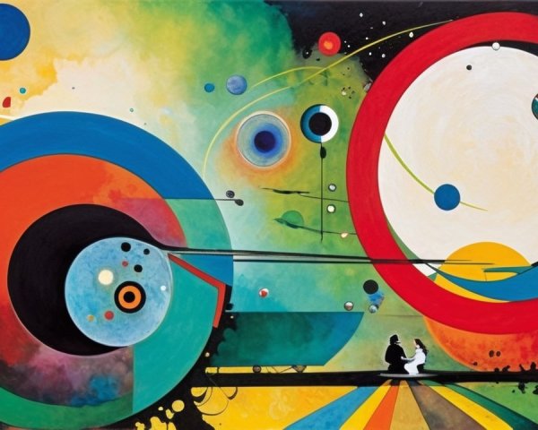 Vibrant Circles and Silhouetted Figures in Artwork