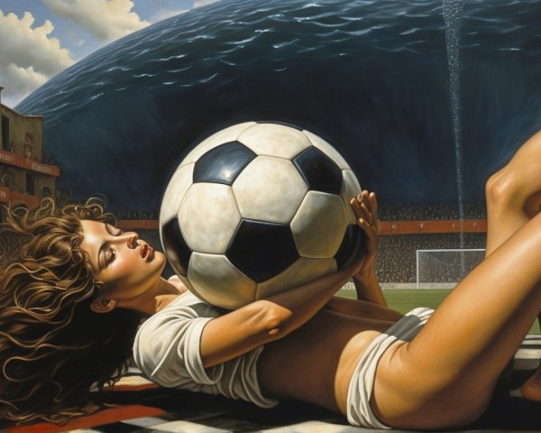 Surreal Scene of Woman with Soccer Ball on Checkered Ground