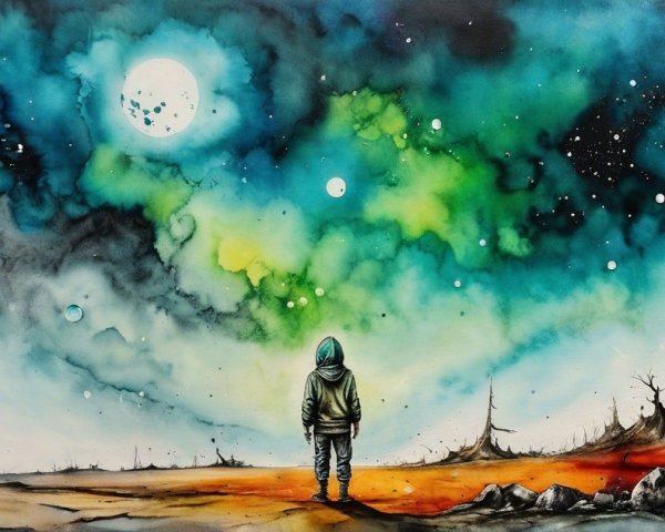 Surreal Landscape with Cosmic Sky and Barren Terrain