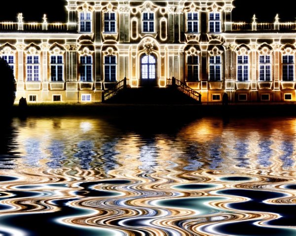 Ornate illuminated building reflecting on water at night