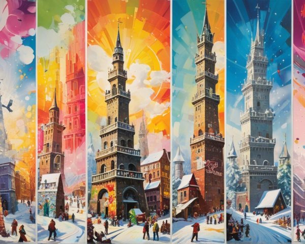 Colorful Towers in a Winter Cityscape Scene