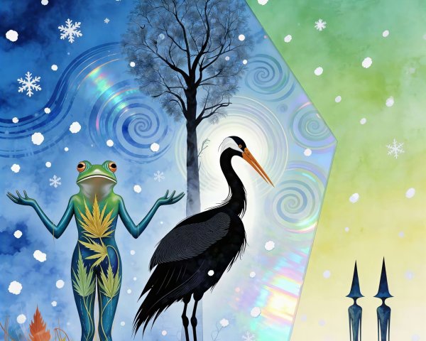 Surreal Digital Painting of Frog and Heron in Nature