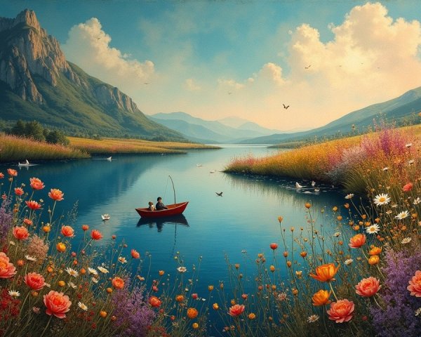 Serene Landscape with River, Meadows, and Mountains