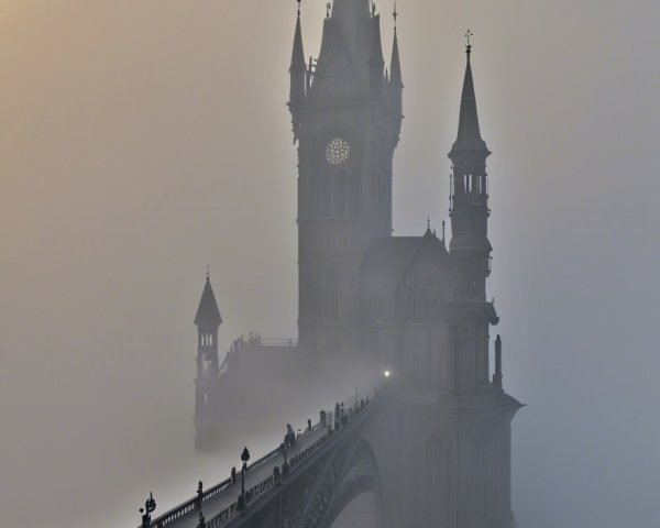 Gothic Bridge Above Fog with Intricate Architecture
