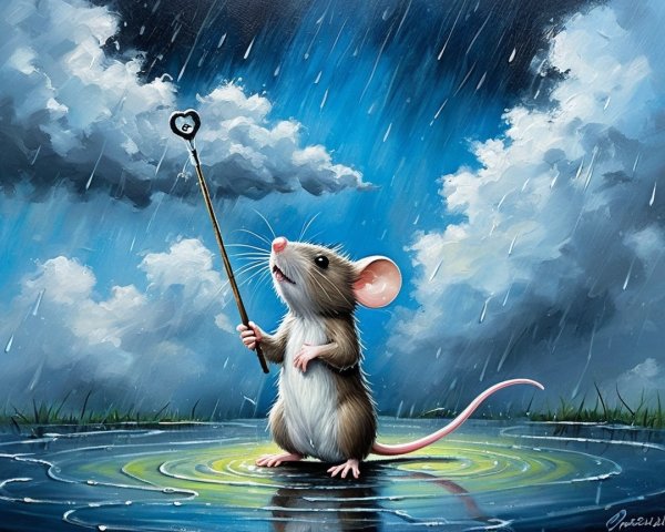Whimsical Mouse Fishing in Rainy Puddle Scene