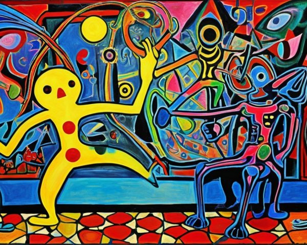 Vibrant Cubist and Surrealist Abstract Painting Description