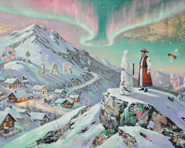 Vibrant Winter Wonderland with Mountain Village and Aurora