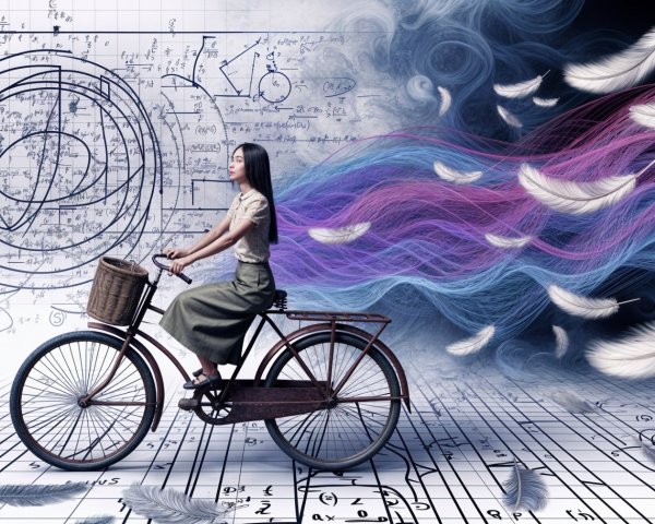 Girl on Vintage Bicycle Amid Colorful Smoke and Equations