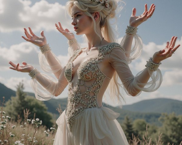 Ethereal figure in beaded gown in sunlit meadow