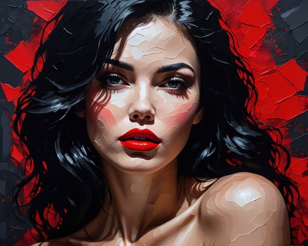 Portrait of a Woman with Black Hair and Red Lips
