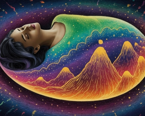 Surreal Illustration of Woman in Cosmic Egg Landscape