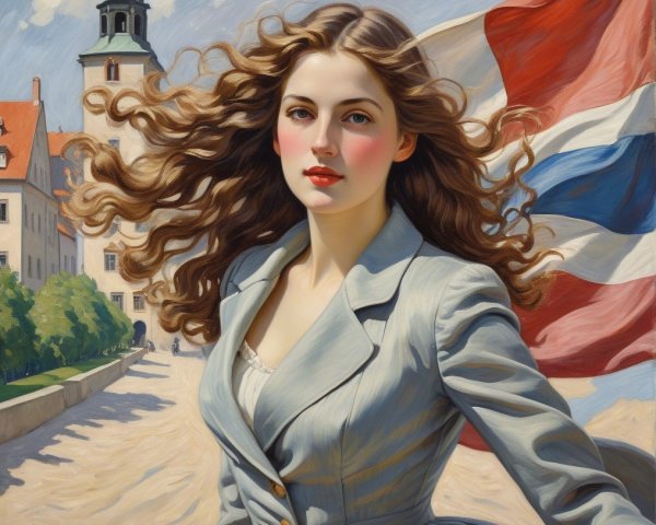Young Woman in Gray Coat Against Scenic Backdrop