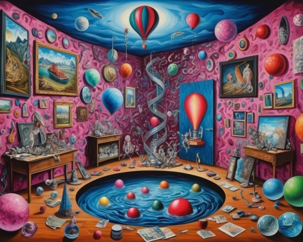 Whimsical Room with Surreal Elements and Colorful Decor