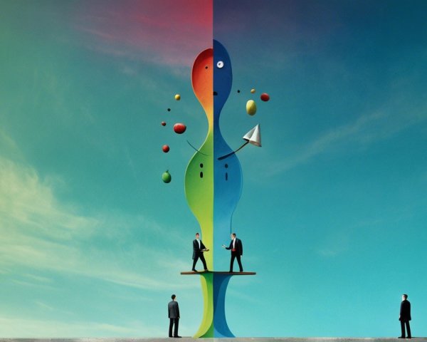 Surreal Landscape with Men Shaking Hands and Sculpture