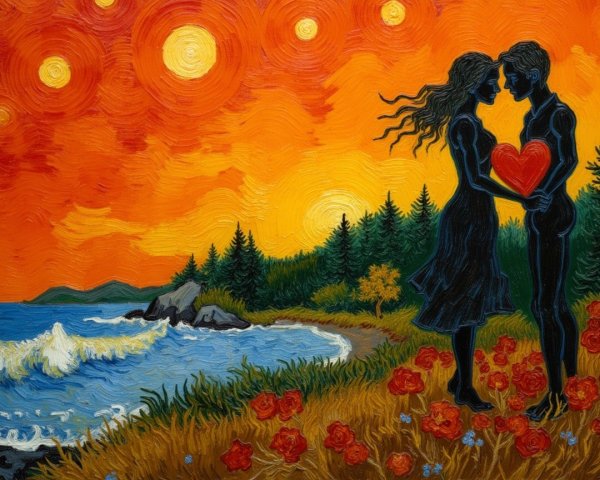 Couple Embracing at Sunset in Vibrant Landscape