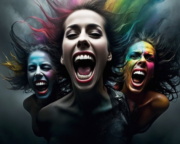 Women with Colorful Hair and Face Paint Express Emotions