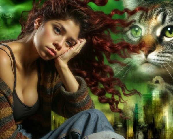 Young Woman in Cozy Cardigan Amid Surreal Landscape