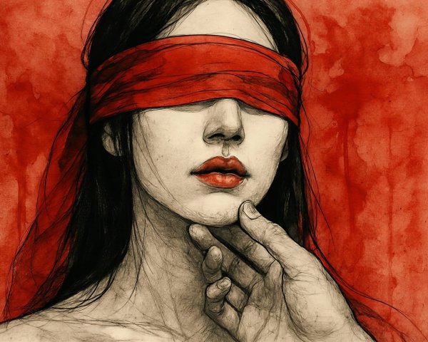 Watercolor painting of a woman with red blindfold and lipstick