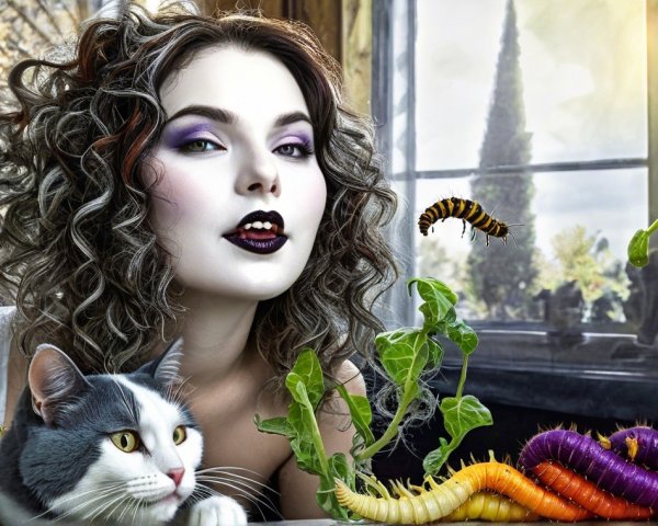 Woman with white makeup and dark lips in nature setting