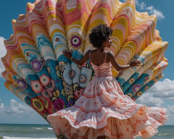 Woman in Pastel Dress Twirling by Seashell Sculpture