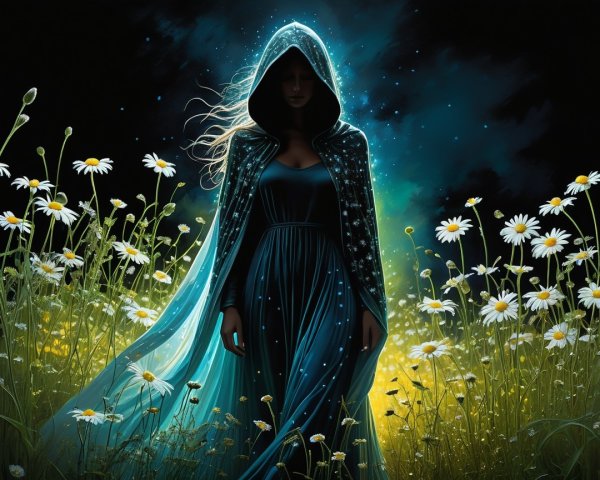 Mysterious Figure in Starry Cloak in Daisies Field
