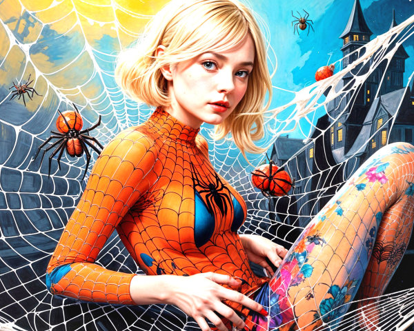 Young woman in spider-themed bodysuit with Halloween decor