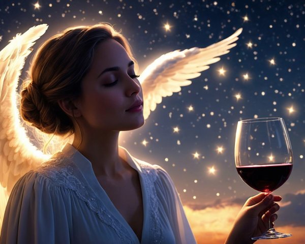 Serene woman with wings holding wine under stars