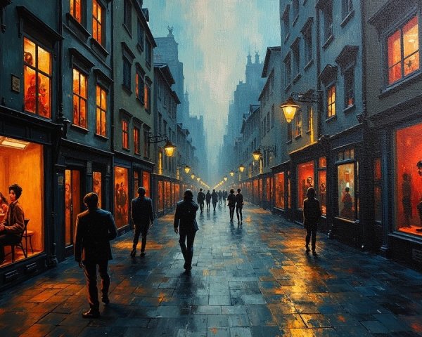 Dimly Lit Street with Charming Shops at Dusk