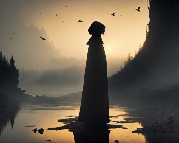 Cloaked Figure by Serene Waterway at Sunrise