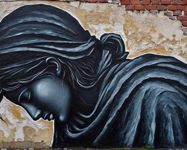 Black and white mural of a woman in a melancholic pose