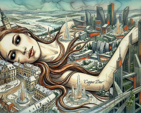 Winter Landscape with Giant Woman and Clock Towers