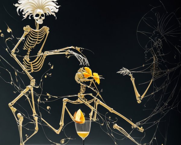 Three Dancing Skeletons on Dark Surface Background