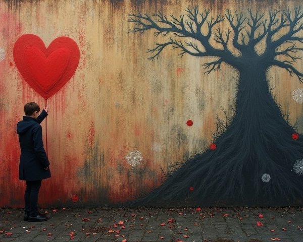 Mural of Black Tree and Red Heart Balloon on Wall
