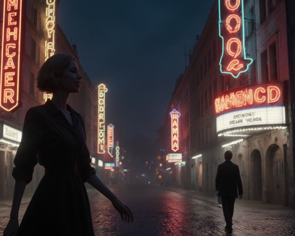 Misty Urban Night Scene with Neon Lights and Silhouettes