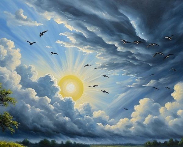Dramatic Sky with Clouds and Silhouetted Birds