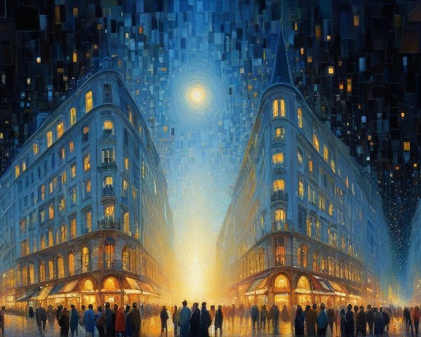 Vibrant Night City Scene with Warm Lights and Architecture