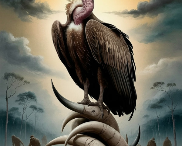 Vulture on Horns Against Dramatic Cloudy Sky